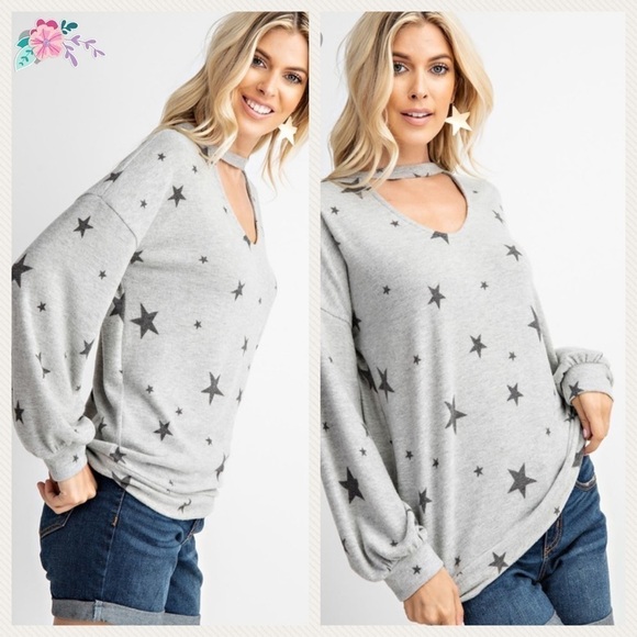 Choker Neck Brushed Star Print Knit Top - Picture 5 of 8